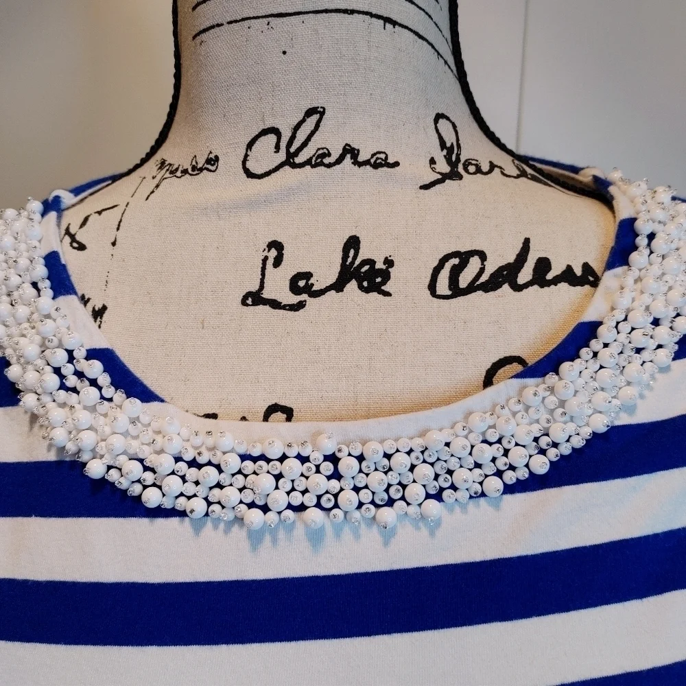 Talbots Blue White Nautical Striped Pearl Beaded Top XS - Picture 10 of 10